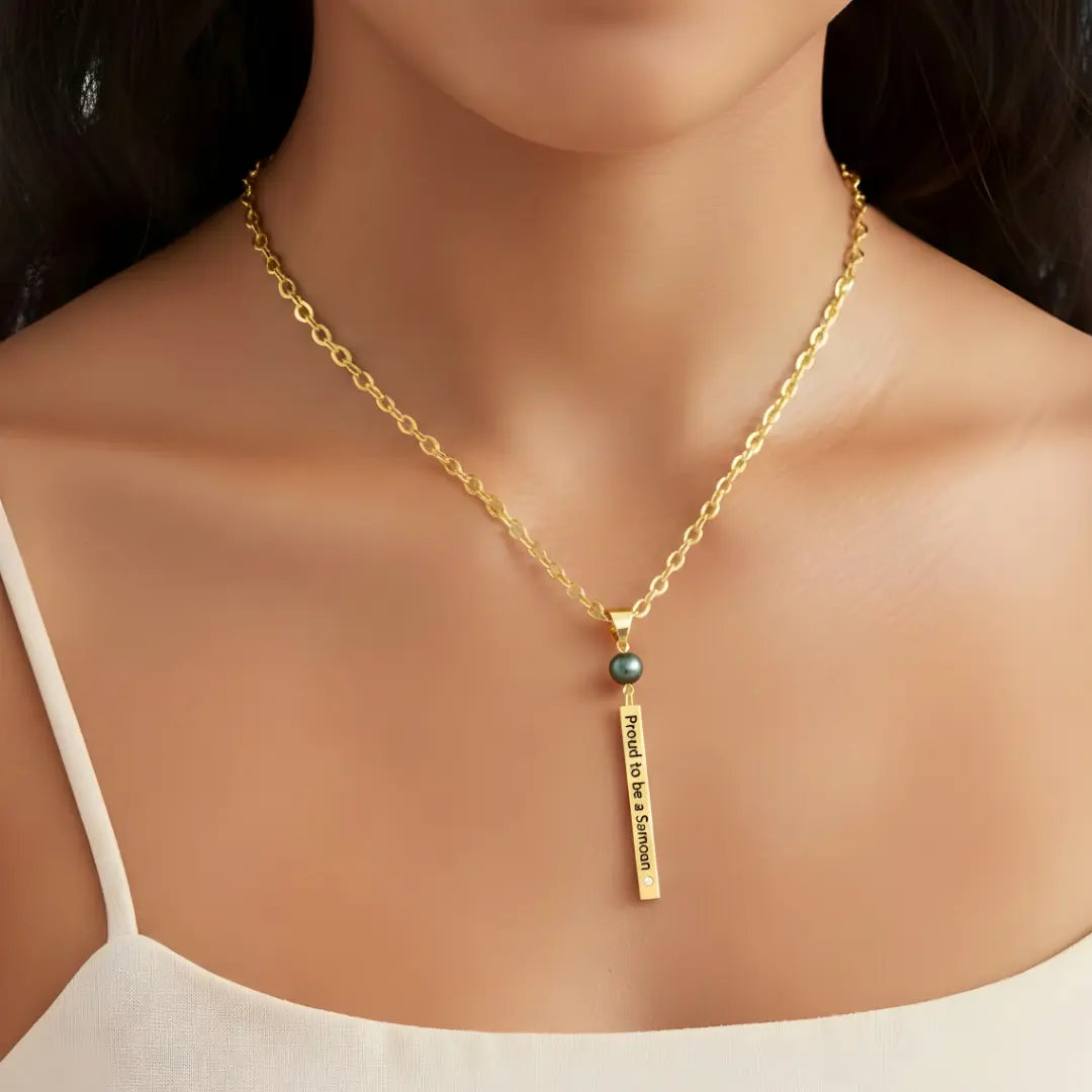 14K Gold Filled "Proud to be a Samoan" Vertical Bar Pendant Necklace – Polynesian Heritage Pearl Necklace